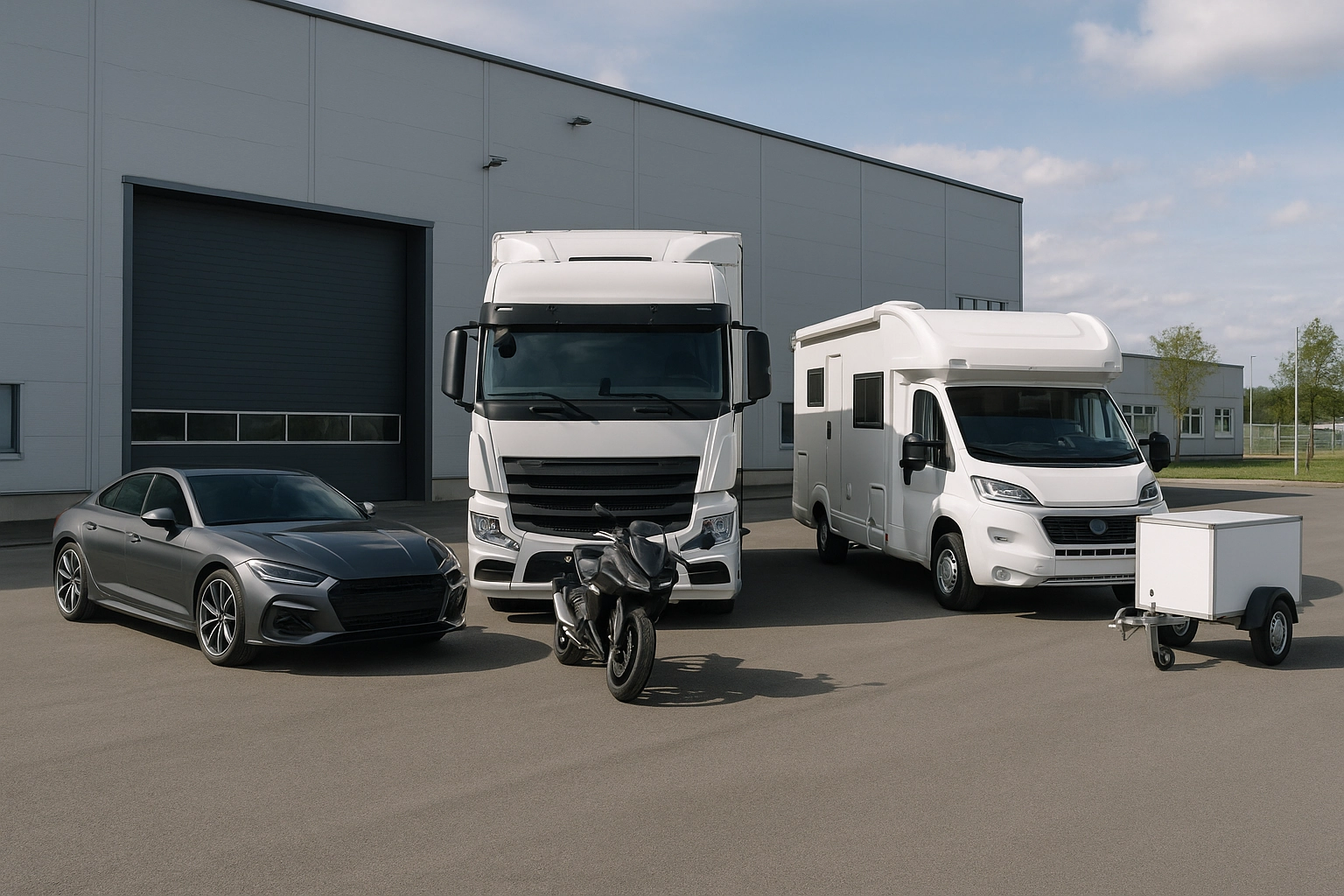 Auto und Motorrad vor modernem Gebäude